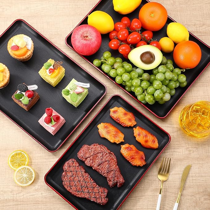 Rtteri Set of 4 Large Serving Platter Set 15/14/13/12 Inch Heavy Plastic Serving Trays Unbreakable Rectangular Platter Reusable Wood Grain Tray for Buffet Wedding Christmas Party(Black and Red)