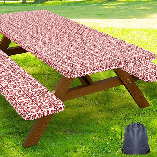 Smiry Picnic Table Cover with Bench Covers, Waterproof Elastic Fitted Tablecloth for 6 Foot Tables, Washable Polyester Tablecloths for Camping, Indoor & Outdoor (Rose Red & White, 30x72 Inch 3-pc Set)