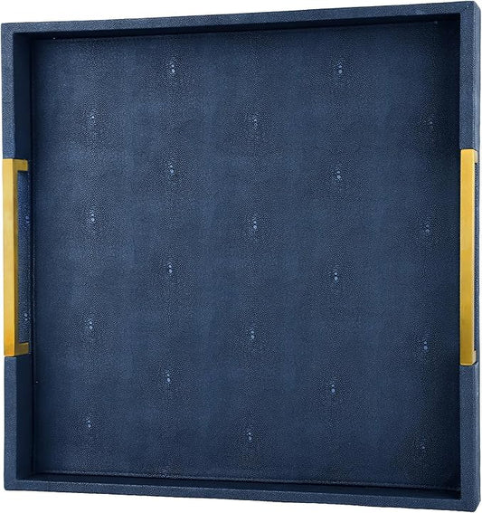 HofferRuffer Faux Leather Serving Tray with Gold Metal Handles, Stylish Decorative Tray Organizer for Coffee Table, Ottoman, Home Decor and Serving (Blue Shagreen, 18.9" x 18.9" x 2")
