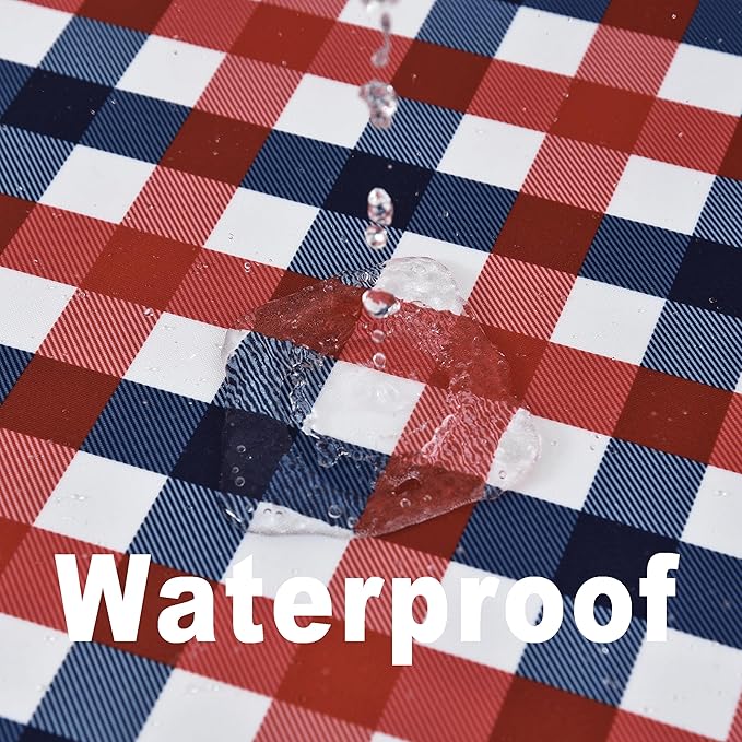Waterproof Plaid Tablecloth Fabric - Oblong 52x70 Inch Patriotic Party Table Cloth for Indoor/Outdoor Use - Independence Day Memorial Day Washable Table Cover