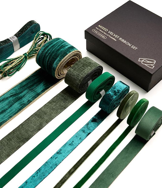 Vitalizart Green Velvet Ribbon 9 Rolls with Gift Tags Luxury Textured Ribbon for Christmas Gift Wrapping Tree Ornaments Bows Wreaths Holiday Decorations