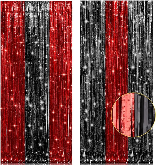 PIGETALE, 2 Pack 3.2x8.2 Feet Black and Red Foil Fringe Curtains Party Decorations, Tinsel Curtain Backdrop Streamers for Birthday Graduation Fiesta Stranger Theme Halloween Christmas Party Supplies