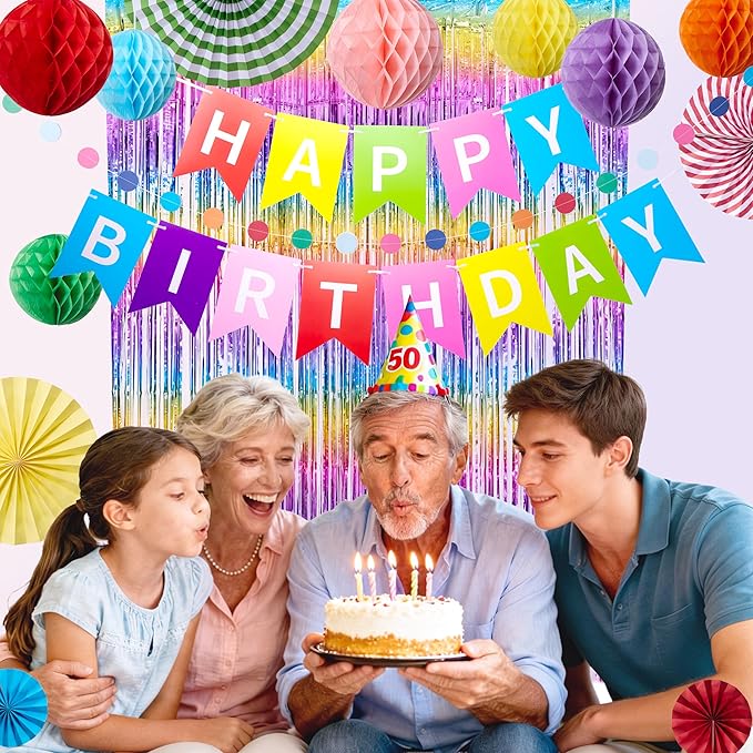 Rainbow Birthday Party Decorations Kit, 16 PCS Colorful Happy Birthday Banner with Foil Fringe Curtain, Paper Fans, Honeycomb Balls and Circle Dots Garland, Photo Backdrop Birthday Party Decor Baby Shower for Girls Boys Women