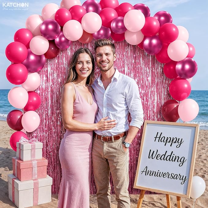 KatchOn, Valentines Day Decorations Set - Huge, Pack of 52 | Pink Fringe Backdrop Curtain and Latex Balloons for Galentines Day Decorations | Bachelorette, Birthday Decoration | Pink Party Decoration