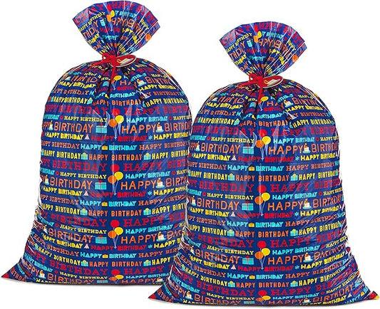 Hallmark 56" Large Plastic Gift Bag Bundle (2 Bags: Blue Happy Birthday) for Birthdays, Kids Parties and More