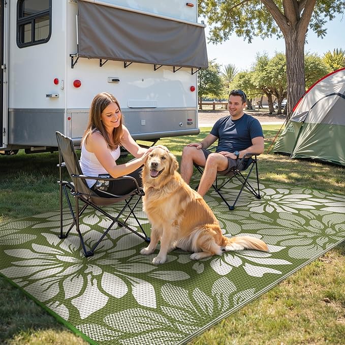 GENIMO Outdoor Rug Waterproof for Patio Decor, 6' x 9' Reversible Plastic Straw Floral Camping Carpet, Large Area Rugs Mats for RV, Camper, Deck, Balcony, Porch, Beach, Picnic, Green & Beige