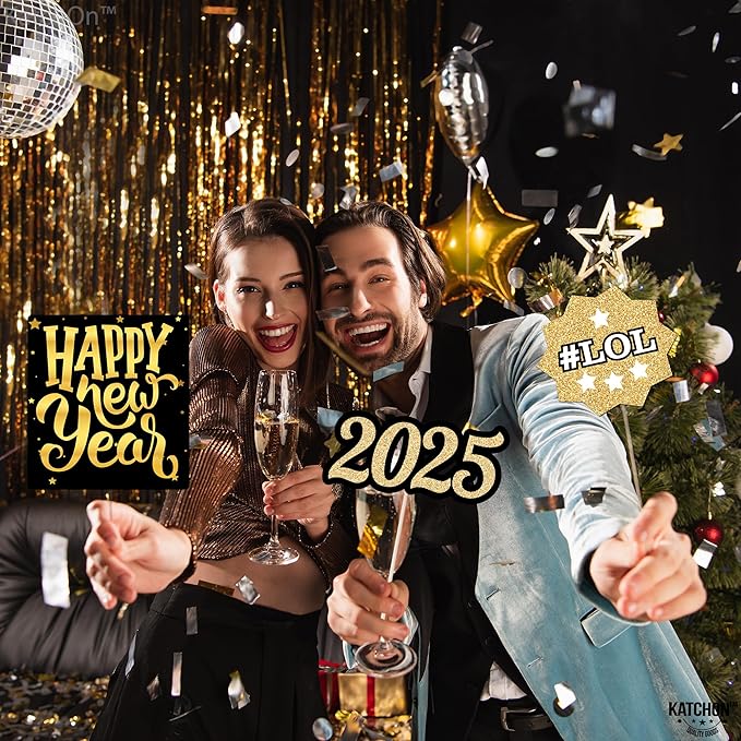 KatchOn New Years Eve Photo Booth Props 2025 - Pack of 33, Glitter NYE Party Supplies | Happy New Year Decorations