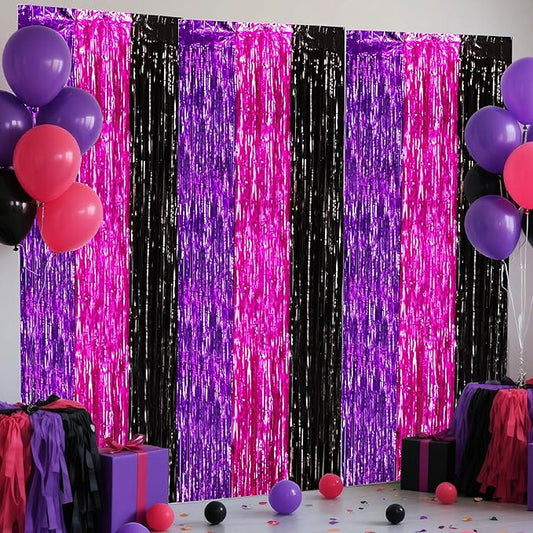 BEISHIDA 3Pcs Purple Pink Black Door Streamers Backdrop Foil Fringe Tinsel Curtains Backdrops for Birthday Witch Theme Halloween Party Decoration (3.28 ft x 6.56 ft)