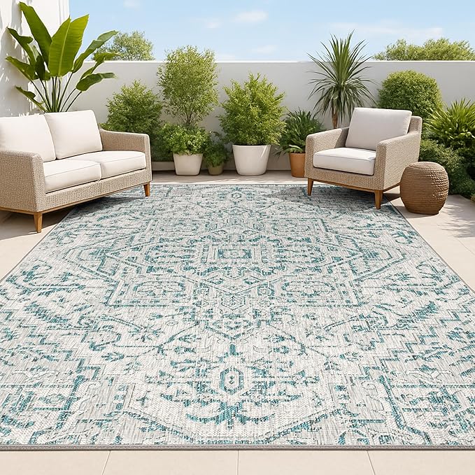 JONATHAN Y Boho Medallion Indoor Outdoor Area Rug 8X10 Teal/Gray, Estrella Textured Weave for Backyard, Patio, Porch, Easy-Cleaning, High Traffic, Pet-Friendly, Non-Shedding (SMB105C-8)