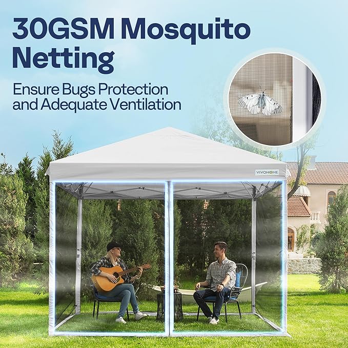 VIVOHOME 8x8ft Easy Pop-Up Canopy, Outdoor Screen Tent with Mosquito Netting, 2 Zipper Doors, and Roller Bag for Yard Camping Picnic Party Events, White