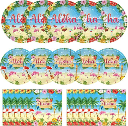 40 Pcs Aloha Party Decorations - Hawaiian Plates and Napkins, Tropical Luau Dinner Dessert Paper Plates Flamingo Napkins Disposable Tableware Set for Hawaii Summer Party Supplies Decor, Serves 20