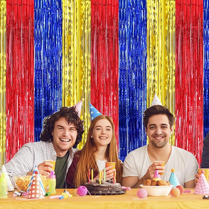 BEISHIDA 3 Pcs Red Blue Gold Door Streamers Curtain Birthday Party Streamers Backdrop Happy Birthday Party Wall Background for Party Decoration Photo Booth Props(3.28 ft x 6.56 ft)