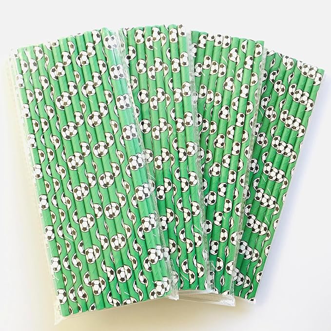 100 pcs Sports Party Paper Straws, Green Black White Soccer Football Bar Soda Juice Drinking Straws, Kids Boy Birthday Baby Shower Game Day World Cup Ball Cake Pop Sticks (Green With Soccer)