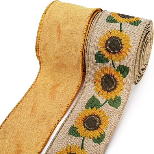 LaRibbons Fall Burlap Plaid Ribbon Wired 2 1/2" x 6 Yards 2 Rolls Reversible Sunflower Dupioni Ribbon for Autumn Wreath Thanksgiving Christmas Farm Gift Wrapping Home Decor