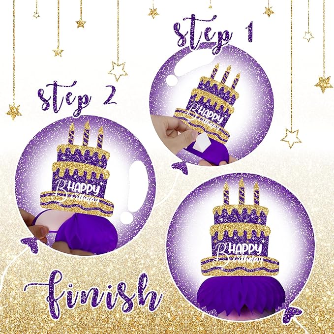 Purple and Gold Birthday Decorations – 12PCS Honeycomb Table Centerpieces for Women Adults – Happy Birthday Table Decor Party Supplies