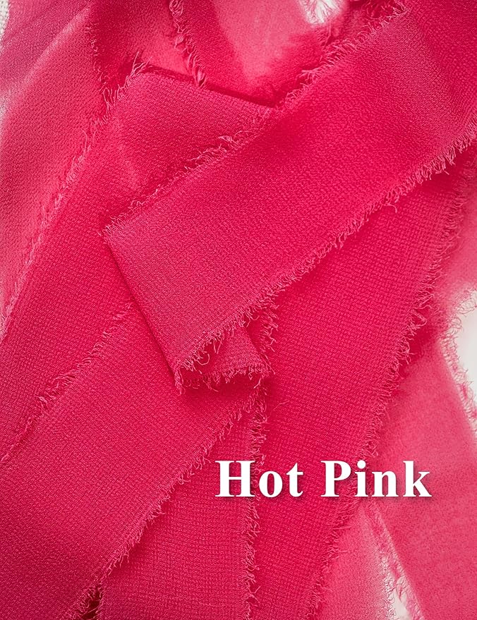 Chiffon Ribbon, Hot Pink Silk Ribbons, Pink Party Decoration, 1.5''x21Yd Handmade Frayed Fringe Ribbon for Wrapping, Floral Vase, Craft, Birthday, Engagement, Wedding, Mother's Day, 3 Rolls