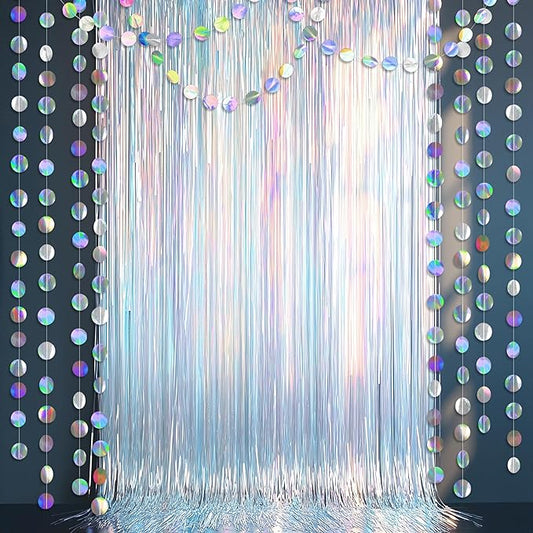 Cheerland Iridescent Tinsel Backdrop Curtain Circle Garland Holographic Party Decorations Disco Birthday Wedding Graduation Christmas New Year EID Ramadan Frozen Theme Party Streamer Decor