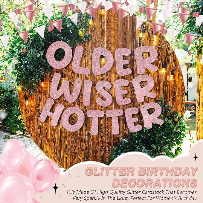 Fulmoon Set of 3 Pre Strung Older Wiser Hotter Glitter Banner Funny Birthday Banner for Women 30th 40th 50th 60th 70th 80th Birthday Party Decorations Sign Gift(Rose Gold)