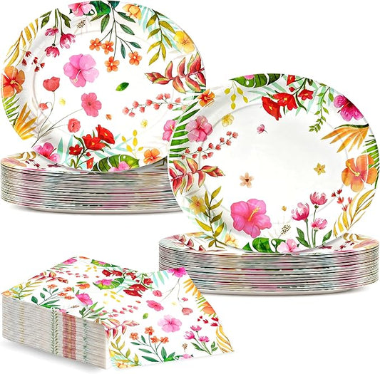100 Pcs Hawaiian Luau Party Supplies Set Serves 50 – 12" Large Disposable Tropical Hibiscus Oval Paper Plates and Napkins, Aloha Hawaiian Birthday Themed Tableware for Summer Pool Beach Decorations