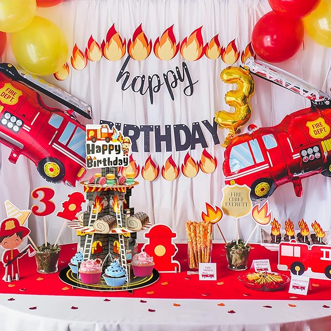 Haooryx Firefighter Cupcake Stand - 3 Tier Fire Truck Cupcake Tower Cardboard Happy Birthday Dessert Holder Pastry Platter Kids Adult Firefighter Theme Birthday Party Table Decoration Supplies