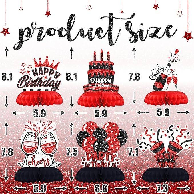 Black and Red Birthday Decorations – 12PCS Honeycomb Table Centerpieces for Men Women Adults – Happy Birthday Table Decor Party Supplies