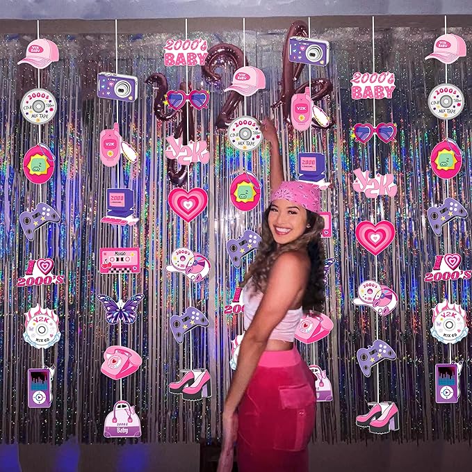 6pcs Y2k 2000s Party Haning Garlands Y2K Party Decorations Early 2000s Pink Party Hanging Decorations for 00s Hot Girls Women Teen Pink Birthday Party Supplies