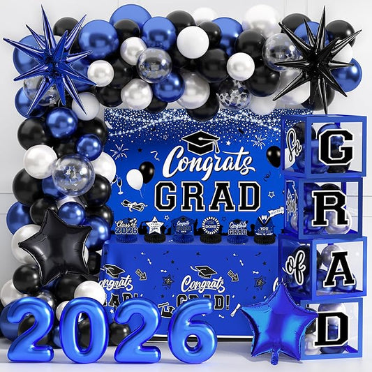 Graduation Decorations Class of 2026 Congrats Grad 2026 Party Supplies Include Backdrop Tablecloth Balloon Boxes with Letters Honeycomb Centerpieces Balloon Arch Kit Foil Balloons (Blue and Black)