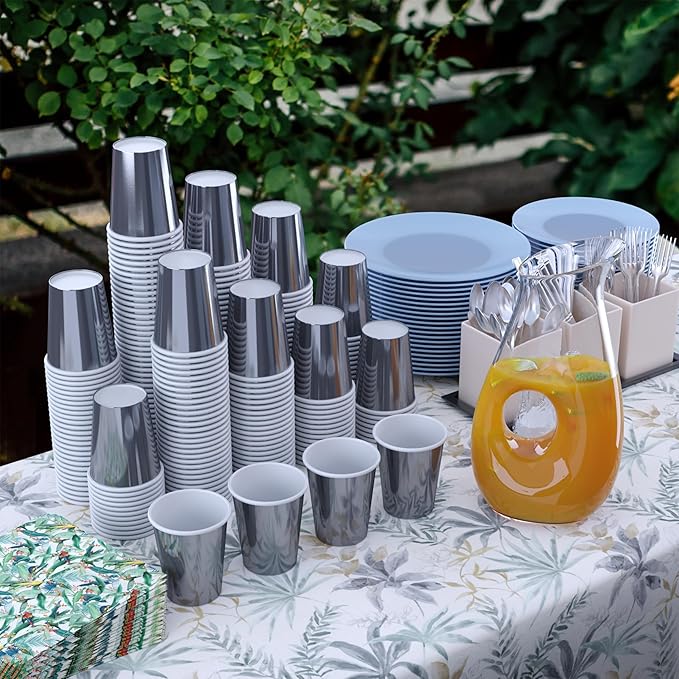 Party Solids Metallic Silver Paper Cups 9 oz Durable Disposable Cups 1000 Paper Tumblers for Hot Drinks and Cold Drinks Thick 280 GSM Hot Cup for Tea & Coffee Cup To Go Fun Colors for Parties & Events