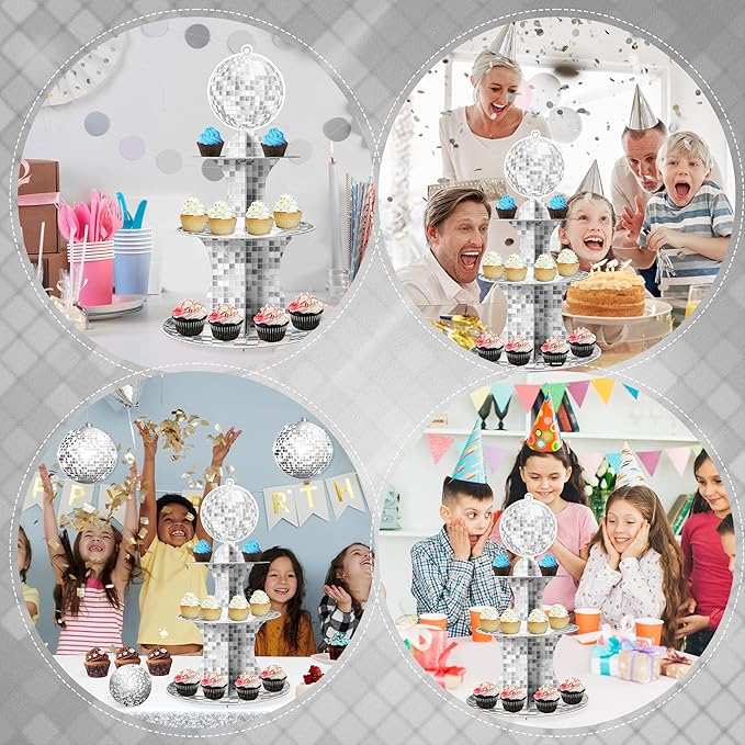 Haooryx Disco Cupcake Stand Decoration - 3-Tier Silver Glitter Disco Ball Cardboard Cupcake Stand Dessert Holder for Theme Birthday Party Decor Baby Shower Bachelorette Party Table Decor Supply