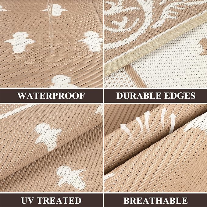 Pauwer Waterproof Outdoor Rug 8x10, Reversible Plastic Straw Patio Camping Rug, Indoor Outdoor RV Mat Carpet for Deck, Camper, Porch, Balcony, Backyard, Picnic, Bordered Beige