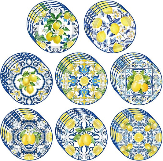 80 Pcs 7 Inch Capri Lemon Paper Plates Yellow and Blue Tile Disposable Plate Amalfi Coast Lemon Tableware Dish for Italian Summer Party Wedding Bridal Shower Baby Shower Birthday Dinnerware Decoration