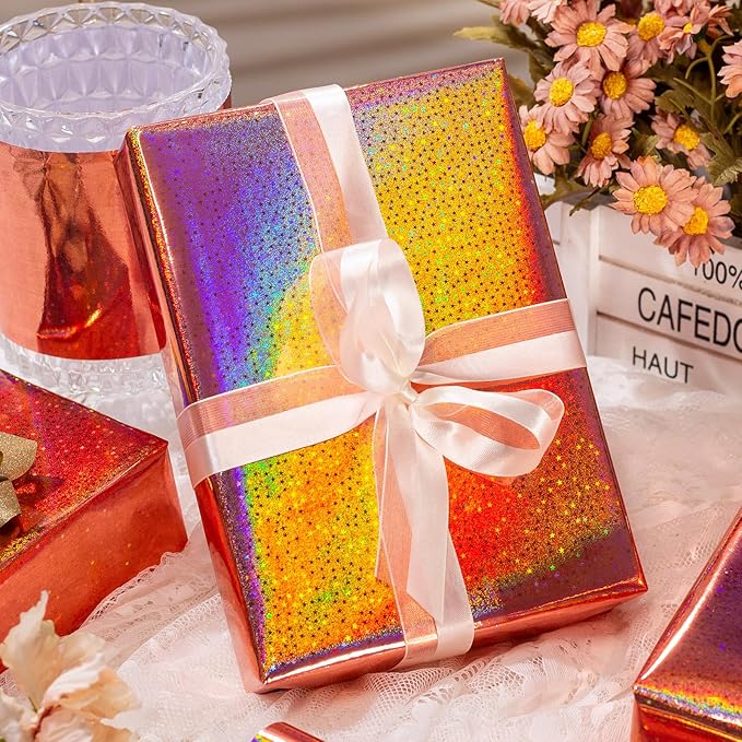 Burymento Rose Gold Wrapping Paper Roll, Metallic Holographic Star Gift Wrap for Birthday, Valentines, Mothers day, Graduation, Wedding, Fathers day, Baby Shower, Christmas (17 IN x 32.8 FT)