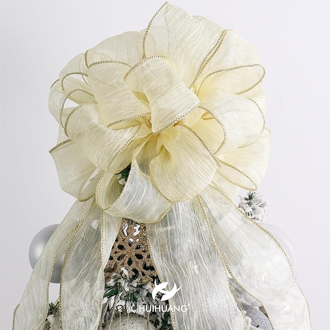 HUIHUANG Ivory Wired Ribbon 2-1/2 inch Cream Metallic Silk Wire Edge Ribbon for Crafts Gift Wrapping Basket Wreaths Bows Making Home Wedding Decor Christmas Tree Bows -Continuous 10 Yards