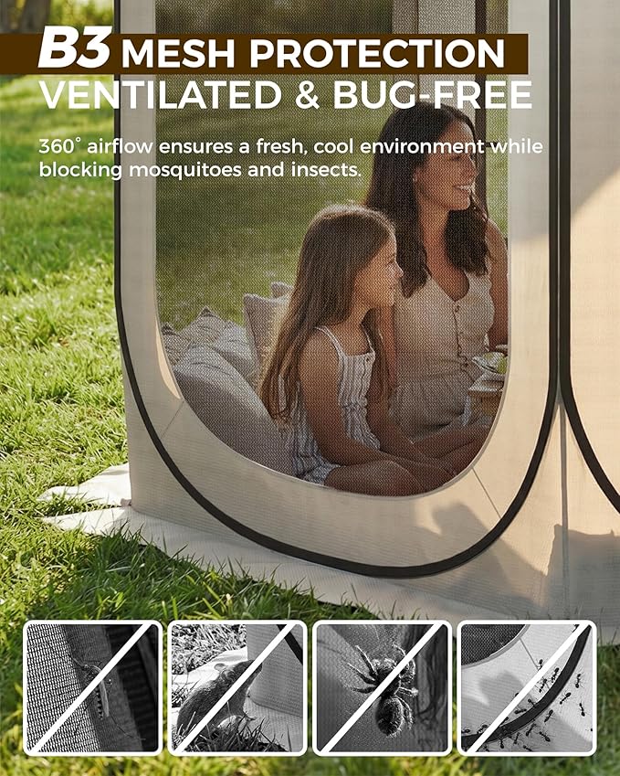10X10FT Pop-Up Screen House Tent, Portable Instant Screen Room Canopy with Mesh Doors and Carry Bag for Patio Backyard Deck Camping Outdoor, Pop up Gazebo, Popup Canopy Tent, Beige
