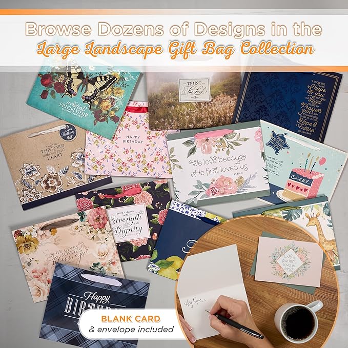 Christian Art Gifts Large Landscape Scripture Gift Bag w/Blank Greeting Card & Wrapping Tissue Paper Set: He First Loved Us Inspirational Bible Verse, Beautiful Floral Design w/Gold for Birthdays,