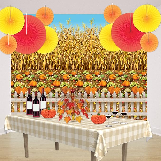 Beistle Printed Plastic Autumn Pumpkin Patch Photo Booth Backdrop Fall Harvest Thanksgiving Party Decorations, 4' x 30'