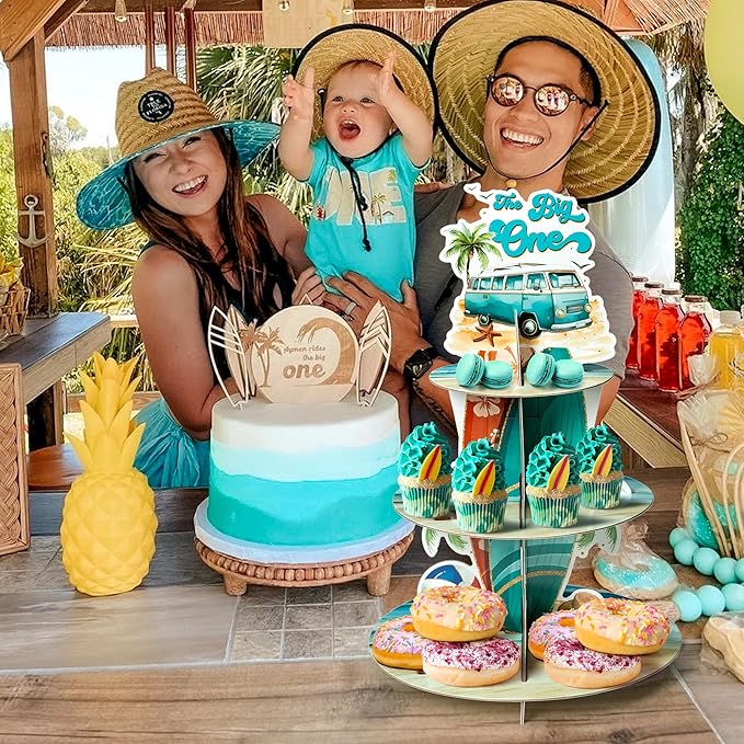 Haooryx Beach Surfboard Cupcake Stand - 3 Tier Seaside Surfboards Cupcake Tower Cardboard Dessert Holder Pastry Platter for Summer Beach Pool Party Birthday Baby Shower Party Table Decoration Supplies
