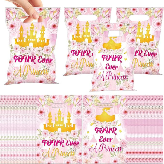 MOIZYNG 50Pcs Four Ever A Princess Gift Bags with Handles, Pink Gold Floral Castle Princess 4th Birthday Plastic Snack Treat Goodie Bags for 4 Year Old Girl Birthday Decorations