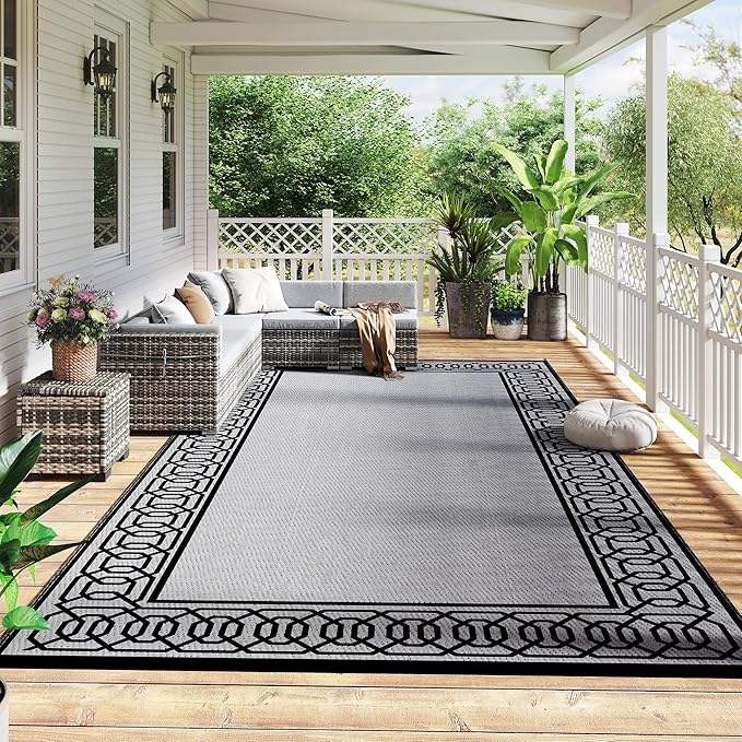 Outsunny Outdoor Rug for Patio, 9' x 18' Waterproof Large Mat, Reversible Plastic Straw Rug for Decor, Portable Outside RV Camping Area Carpet Mat for Backyard Porch Deck Picnic, Black & Gray Border