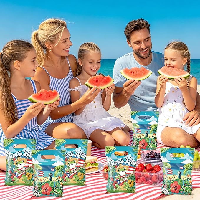 MOIZYNG 50Pcs Puerto Rico Gift Bags with Handles, Tropical Puerto Rican Flag Coqui Frog Plastic Candy Treat Goodie Bags for Birthday Patriotic Festival Party Supplies