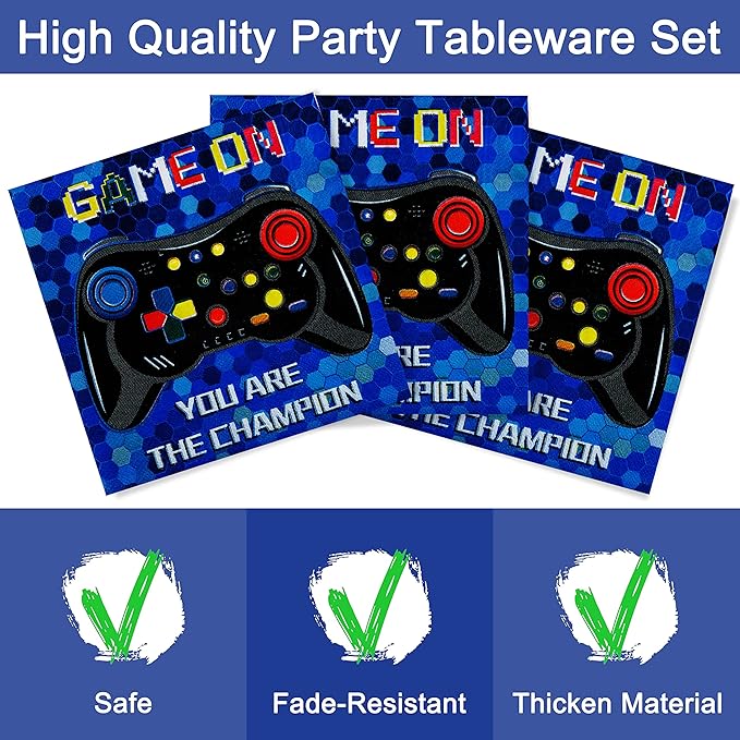 96 Pcs Video Game Birthday Party Plates Napkins Forks Supplies Tableware Set Disposable Table Boys Gaming Theme Decoration for Kids Birthday Party, Serves 24 Guests