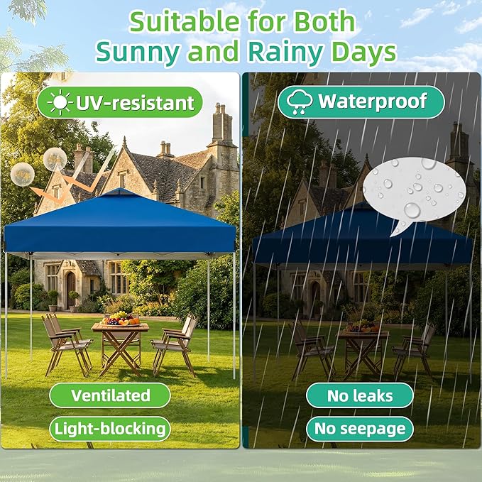 10 x 10FT Blue Pop Up Canopy Tent, Easy Setup Outdoor Portable Gazebos Shelter Sun Shade with Wheeled Carry Bag, Sandbags for Events, Party, BBQ, Backyard, Adjustable Height