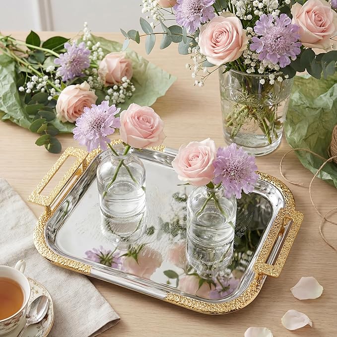 4 Pcs Silver Serving Tray with Handles Elegant Victoria Floral Engraved Metal Platters Large Decorative Trays for Buffet,Wedding Party, Jewelry Display, Service (Modern,Slive and Gold)