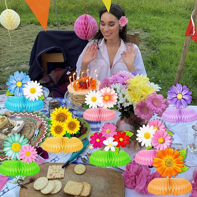 9Pcs Colorful Daisy Flower Honeycomb Centerpieces, Floral Table Toppers, Spring Summer Decor for Birthday Baby Shower Wedding Garden Tea Pool Luau Party Supplies