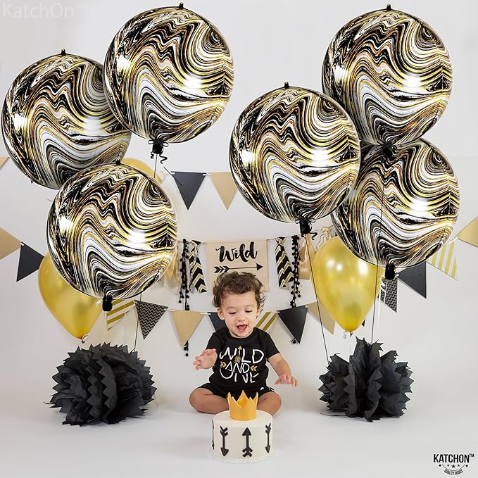 KatchOn, Big Marble Balloons - 22 Inch, Pack of 6 | Round 4D Marble Black and Gold Balloons for Graduation Decorations 2026 | Mylar Balloons For Birthday, Baby Showers