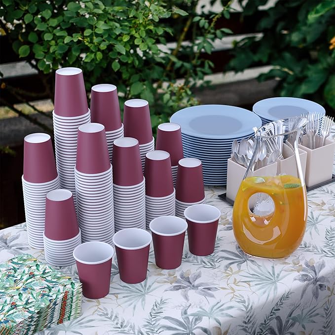 Party Solids Burgundy Paper Cups 9 oz Durable Disposable Cups 1000 Paper Tumblers for Hot Drinks and Cold Drinks Thick 280 GSM Hot Cup for Tea & Coffee Cup To Go Fun Colors for Parties & Events