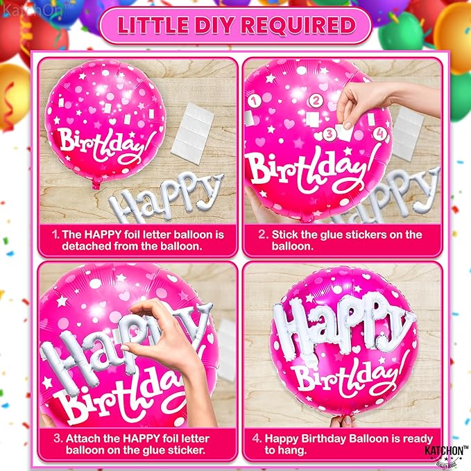 KatchOn, Huge Happy Birthday Balloon Pink Set - 23 Inch, Pack of 5 | Hot Pink Heart Balloons For Happy Birthday Decorations | Foil Balloons For Princess Party Decorations