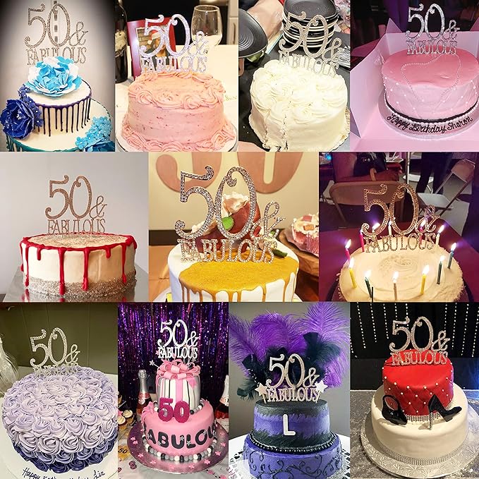 Honbay 50 & Fabulous Birthday Cake Topper Sparkly Bling Alloy Crystal Rhinestones Cake Topper Cake Decoration for 50th Birthday or Anniversary Party