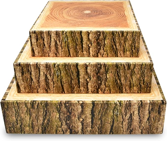Gift Boutique Wood Look Cake Stand Holder Set of 3 Square Cardboard Dessert Display Stands 8 10 12 Inch Tree Slice Bark Base Cupcake Tray for Wedding Table Decor