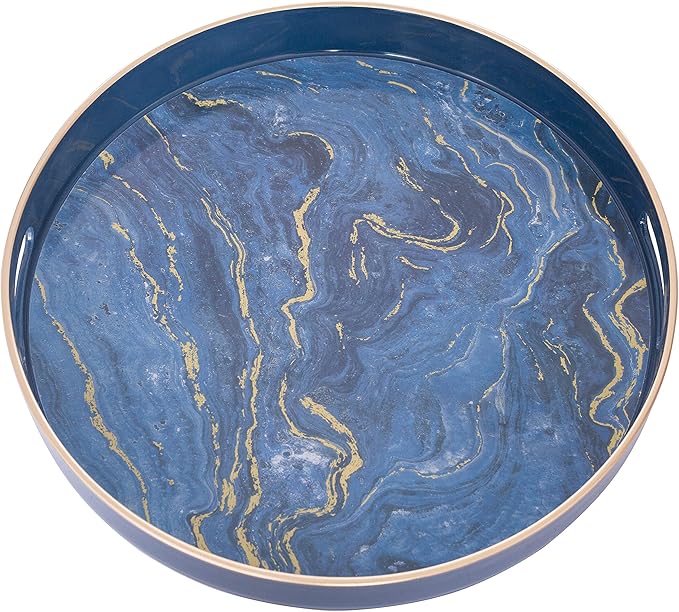 MAONAME 13" Round Decorative Tray, Marbling Plastic Tray with Handles, Coffee Table Trays for Ottoman, Kitchen, Bathroom, Blue